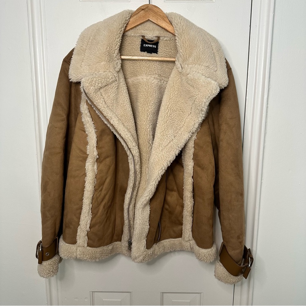 Express Faux Suede Sherpa Jacket Camel Brown Afghan Shearling Penny Lane Western - Picture 9 of 10